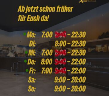 Unsere neuen &Ouml;ffnungszeiten f&uuml;r den Sommer, welche seit 02.06.2025 g&uuml;ltig sind: &bull; Mo & Mi: 07:00&ndash;22:30 Uhr &bull; Di: 08:00&ndash;22:30 Uhr &bull; Do: 08:00&ndash;22:00 Uhr &bull; Fr: 07:00&ndash;22:00 Uhr &bull; Sa & So: 09:00&ndash;22:00 Uhr Kommt vorbei und starte kraftvoll in den Tag! Wir freuen uns auf Euch! Euer ReBest Fitness Team