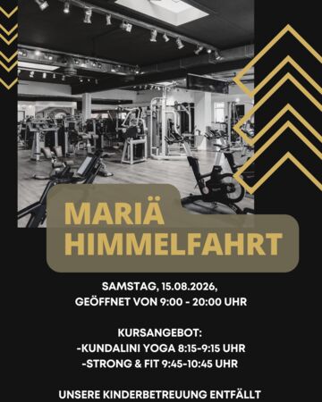 Das Bild zeigt eine grafische &Uuml;bersicht &uuml;ber die &Ouml;ffnungszeiten und Angebote zum Feiertag Maria Himmelfahrt. Dies ist in unseren typischen Farben Gold/Schwarz/Ombre gehalten.