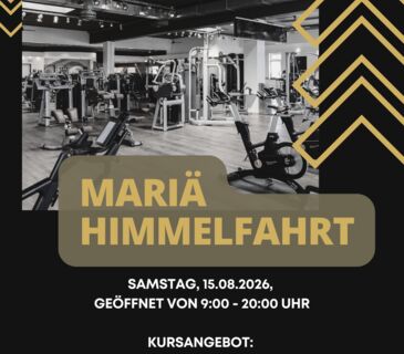 Das Bild zeigt eine grafische &Uuml;bersicht &uuml;ber die &Ouml;ffnungszeiten und Angebote zum Feiertag Maria Himmelfahrt. Dies ist in unseren typischen Farben Gold/Schwarz/Ombre gehalten.